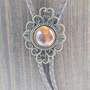 Western Wear Faux Tigers Eye Bolo Lariat Tie Brass Tone Men's Accessories Metal